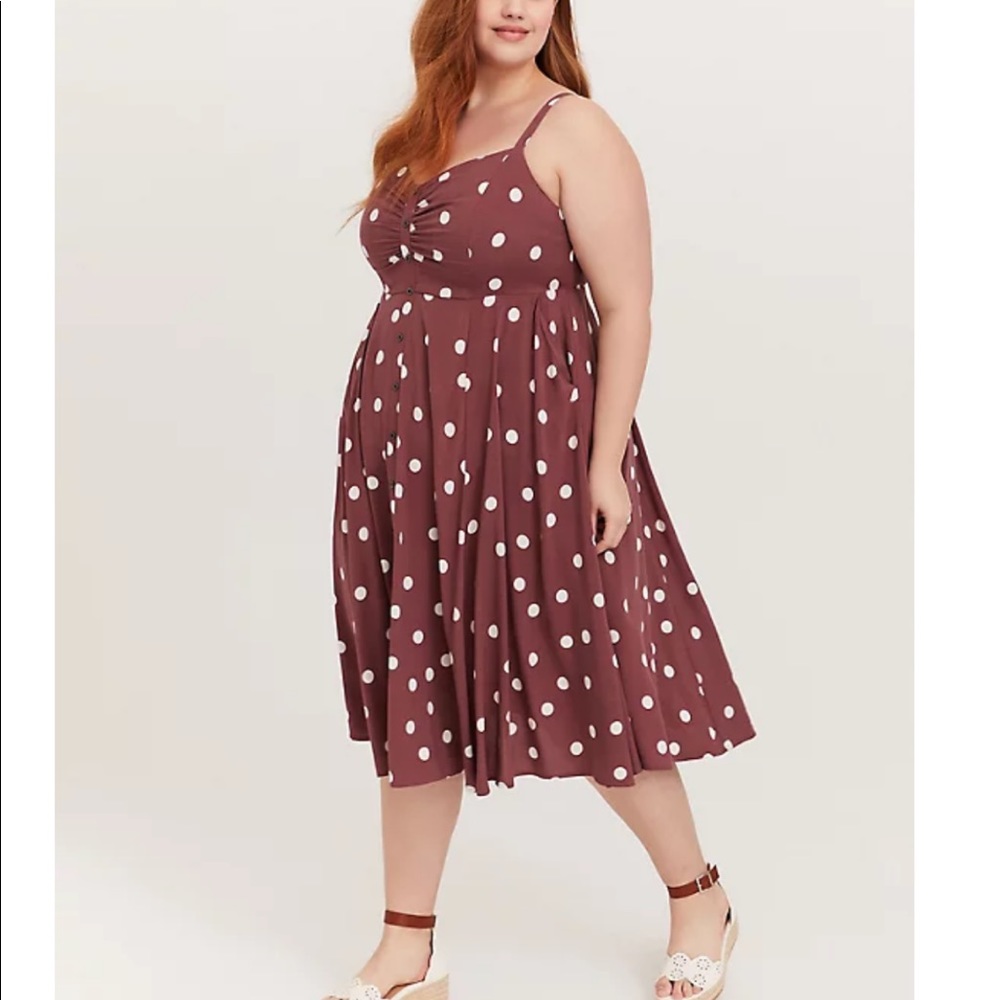 WALNUT POLKA DOT CHALLIS BUTTON FRONT MIDI DRESS